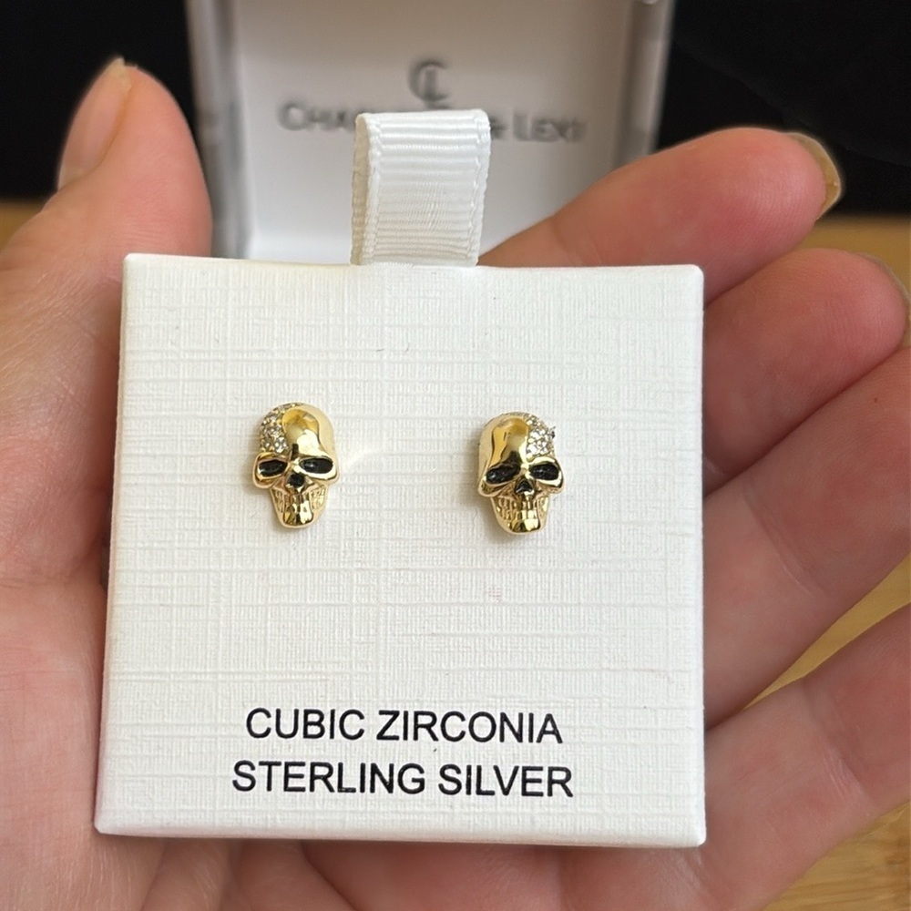Charlotte & Lexi | NIB 925 Silver Cubic Zirconia Gold Toned Skull Post Earrings